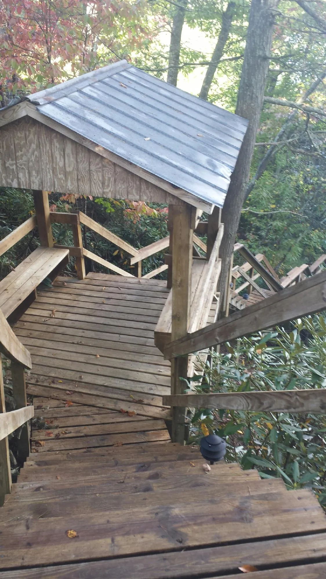 Metal roofed shelter over wooden steps on a wooded walkway — Skylight Repair & Installation work by our crew in Farley